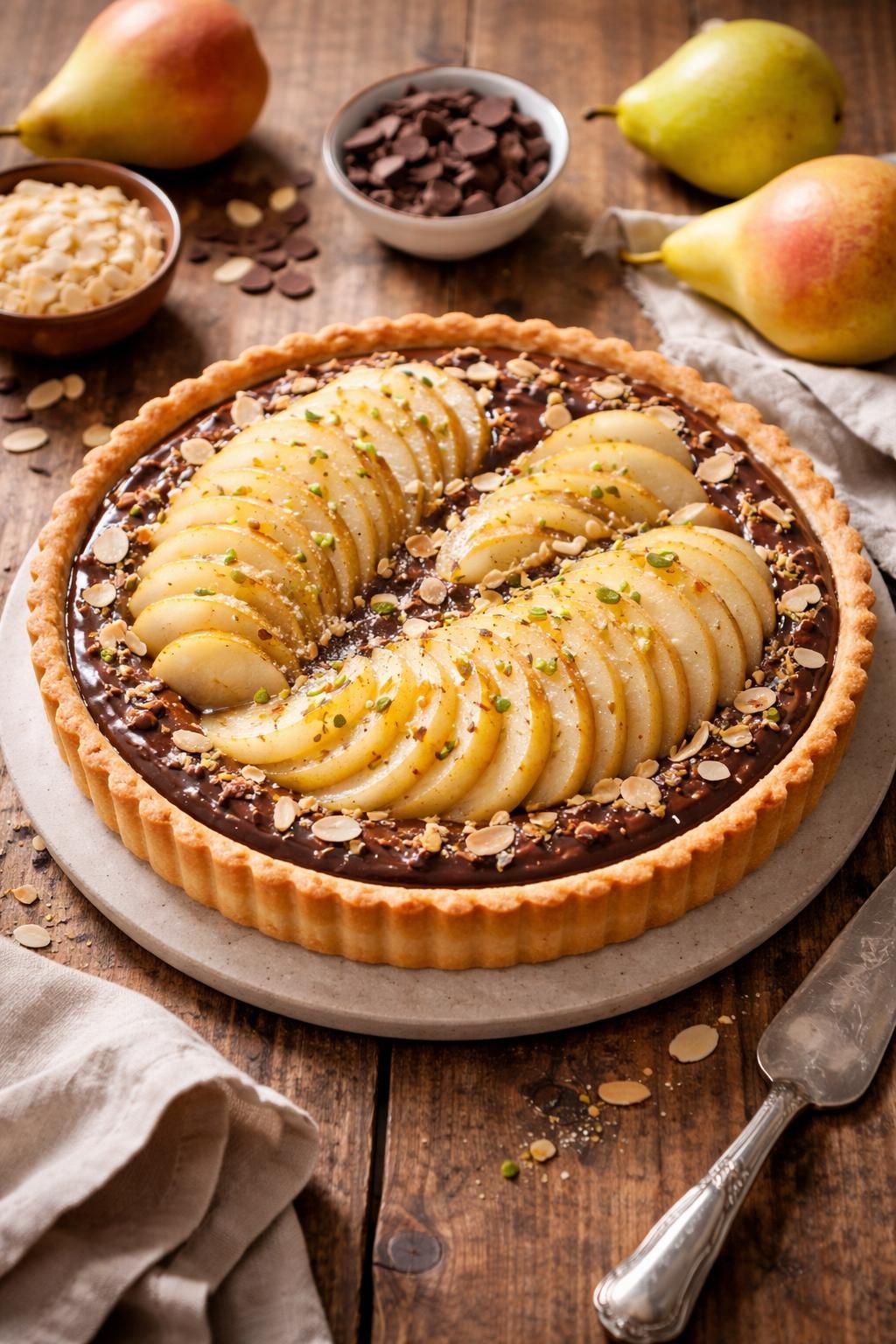 découvrez la recette facile et gourmande de la tarte poire chocolat amande de cyril lignac, pour un dessert délicieux et élégant à partager.